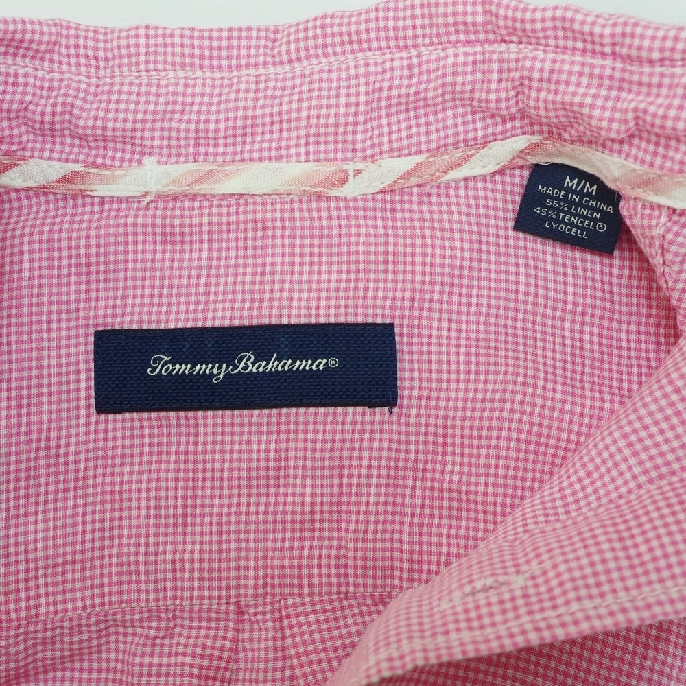 Tommy Bahama Button Down Shirt Mens Medium Pink Striped Sand Check Linen - Picture 4 of 4